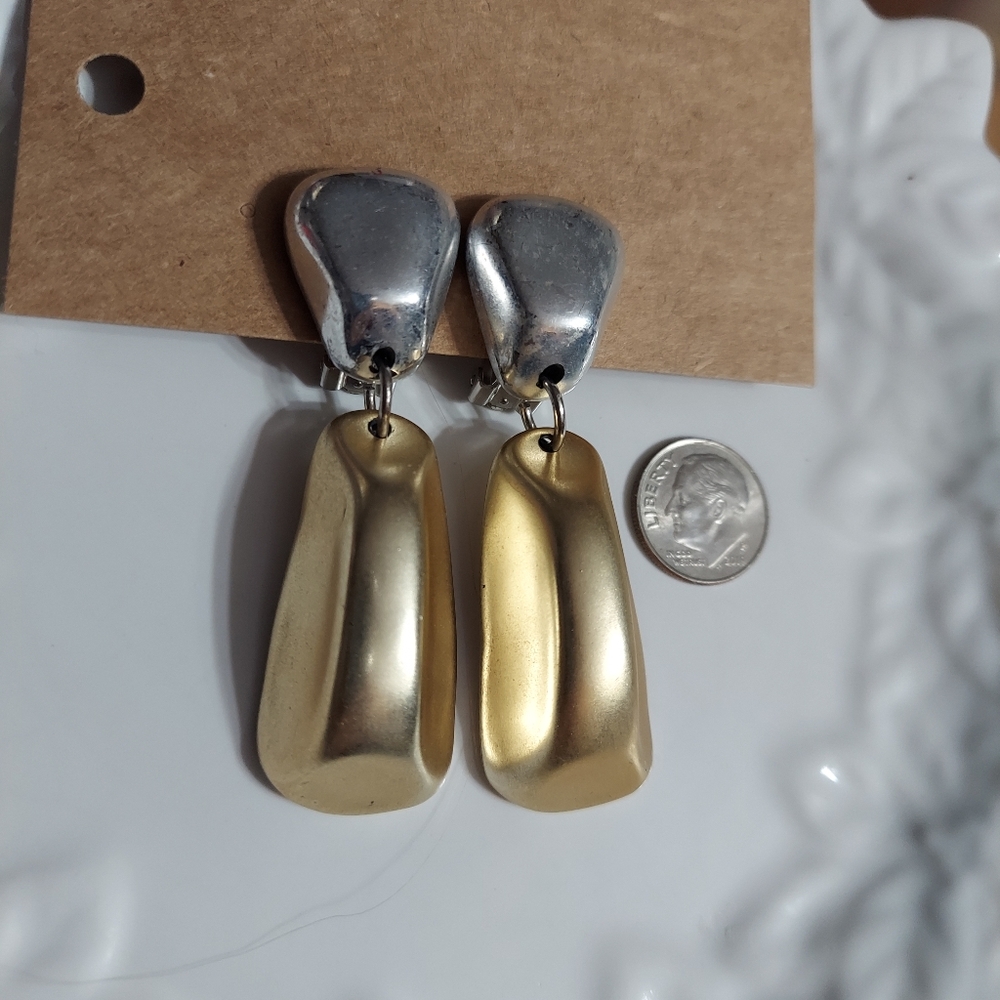 Lena Fiore Vintage Gold & Silver Tone/Modern Freeform CLIP-On Drop Earrings